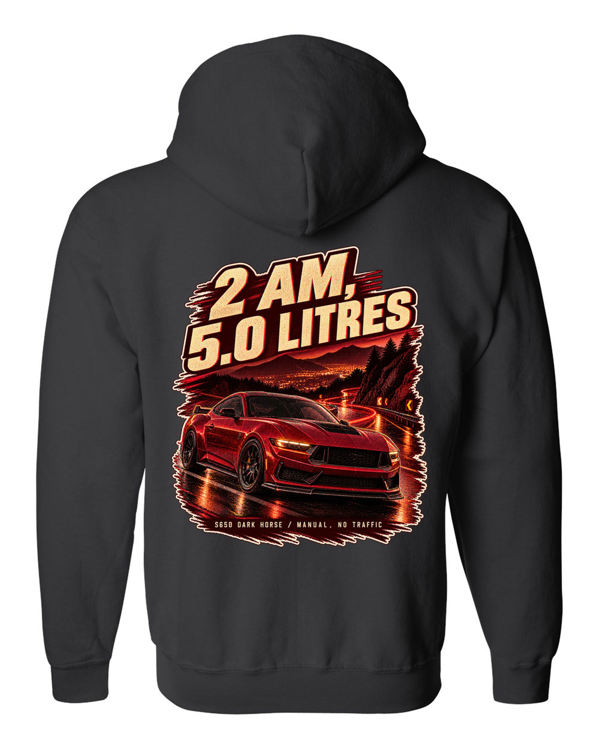 Ford Mustang S650 Dark Horse on an empty night street print black zip hoodie back view with the design