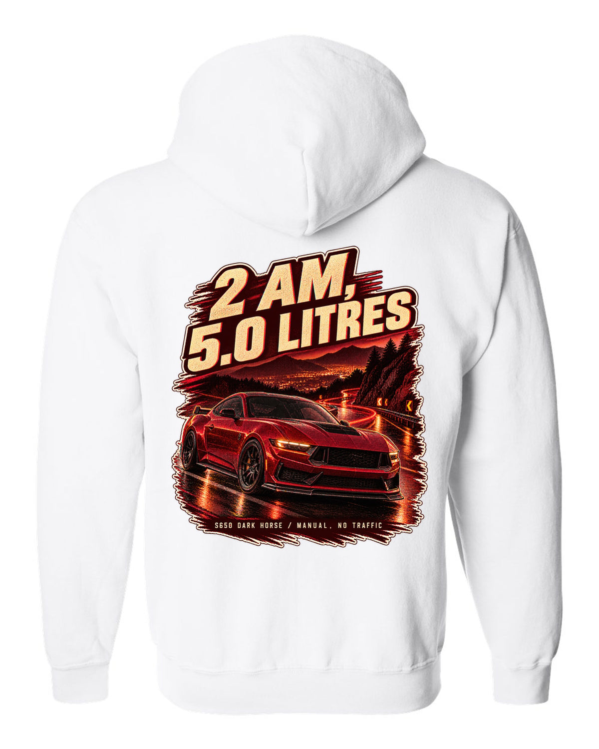 Ford Mustang S650 Dark Horse on an empty night street print white zip hoodie back view with the design
