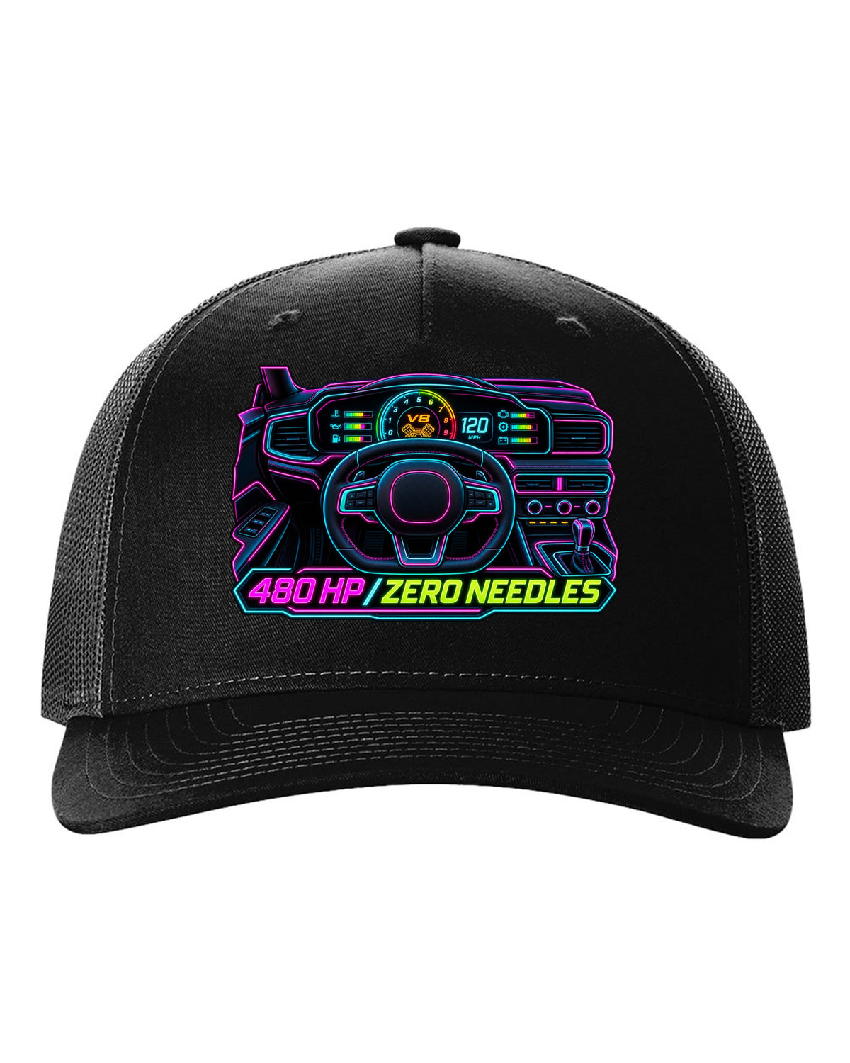 Neon gauge-cluster HUD print of a Ford Mustang S650 GT 2024 with 480 HP text black hat front view with the design