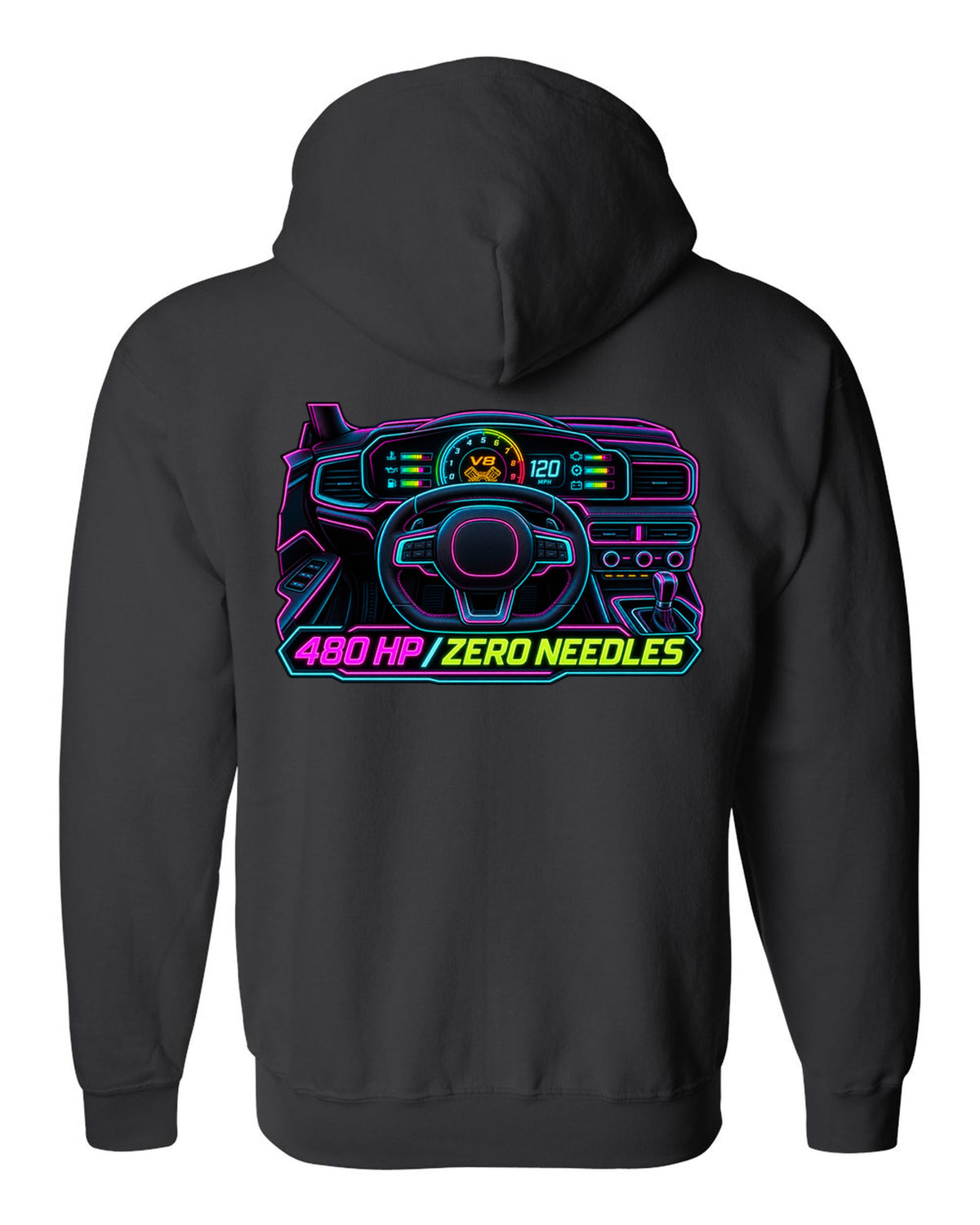 Neon gauge-cluster HUD print of a Ford Mustang S650 GT 2024 with 480 HP text black zip hoodie back view with the design