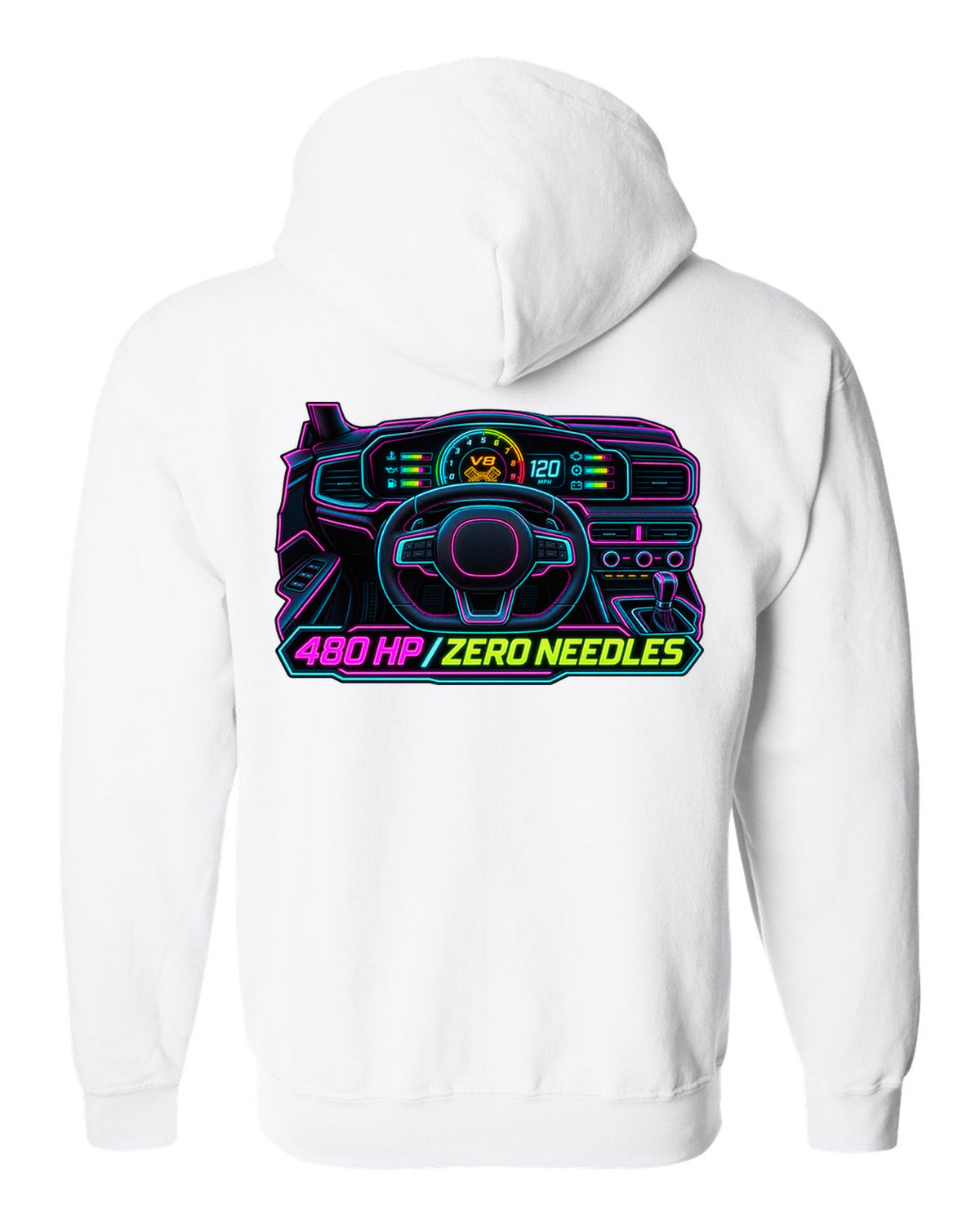 Neon gauge-cluster HUD print of a Ford Mustang S650 GT 2024 with 480 HP text white zip hoodie back view with the design