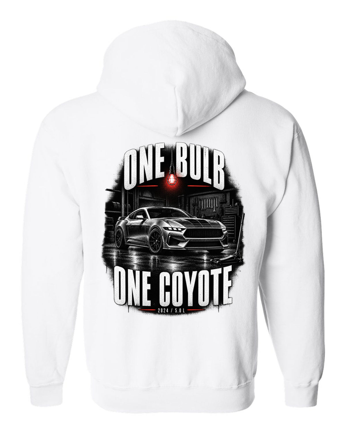 Ford Mustang S650 GT coupe in a dimly lit garage, one bulb one Coyote print white zip hoodie back view with the design