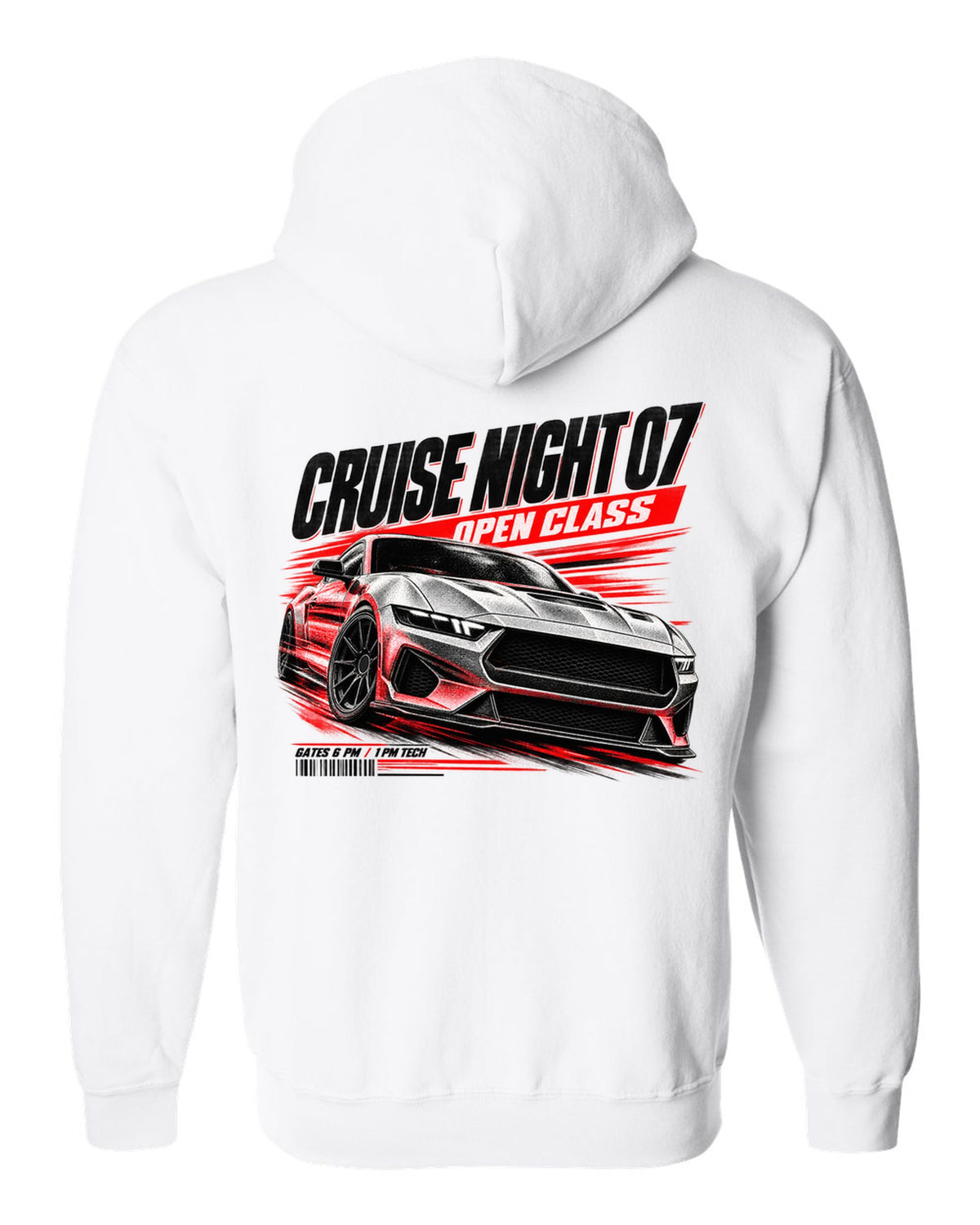 Ford Mustang S650 GT race poster print reading Cruise Night 07 Open Class white zip hoodie back view with the design