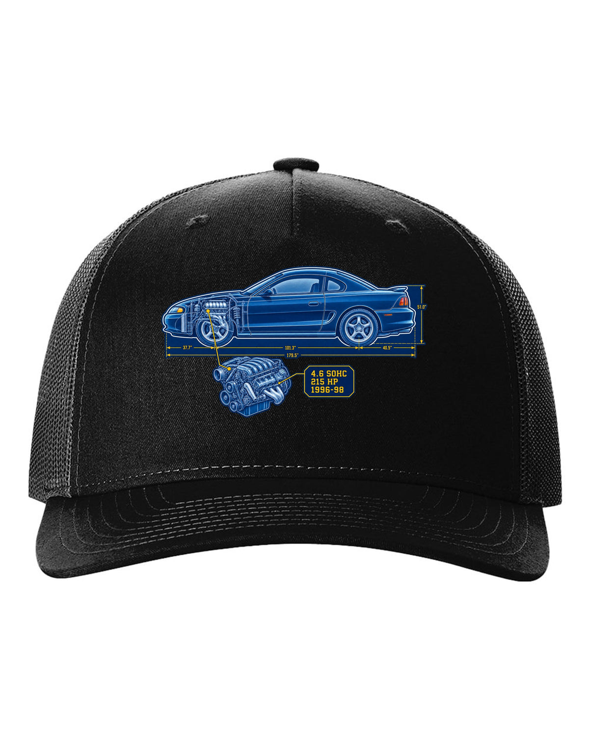 Cyanotype blueprint print of a 1994-98 Ford Mustang SN95 coupe black hat front view with the design