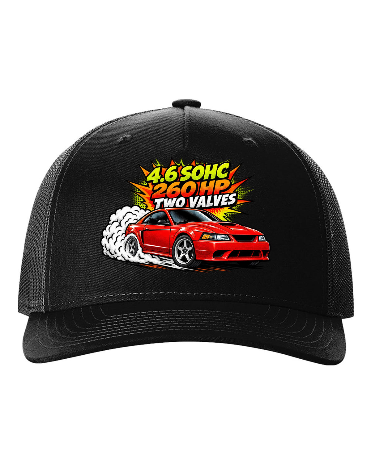 Comic halftone pop-art print of a 1999-2004 Ford Mustang SN95 New Edge burnout black hat front view with the design