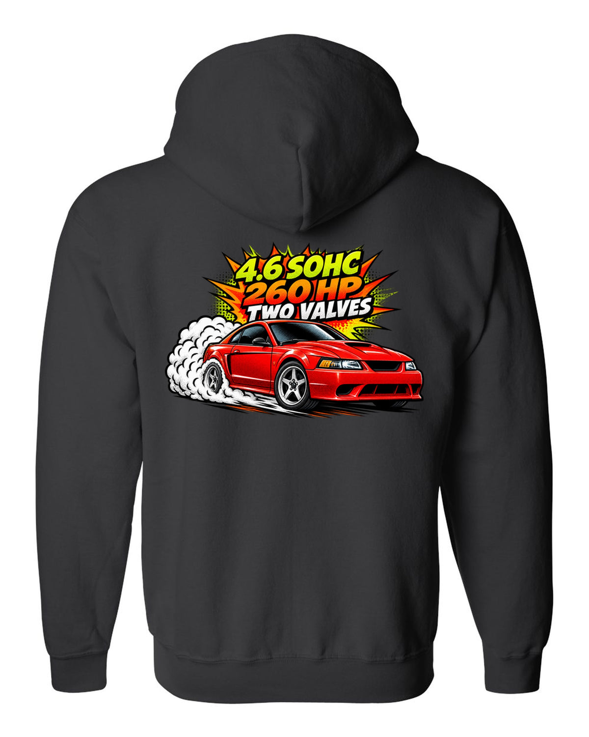 Comic halftone pop-art print of a 1999-2004 Ford Mustang SN95 New Edge burnout black zip hoodie back view with the design