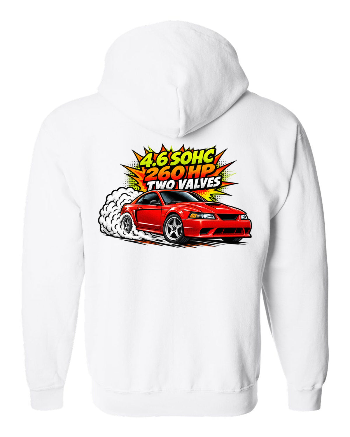 Comic halftone pop-art print of a 1999-2004 Ford Mustang SN95 New Edge burnout white zip hoodie back view with the design