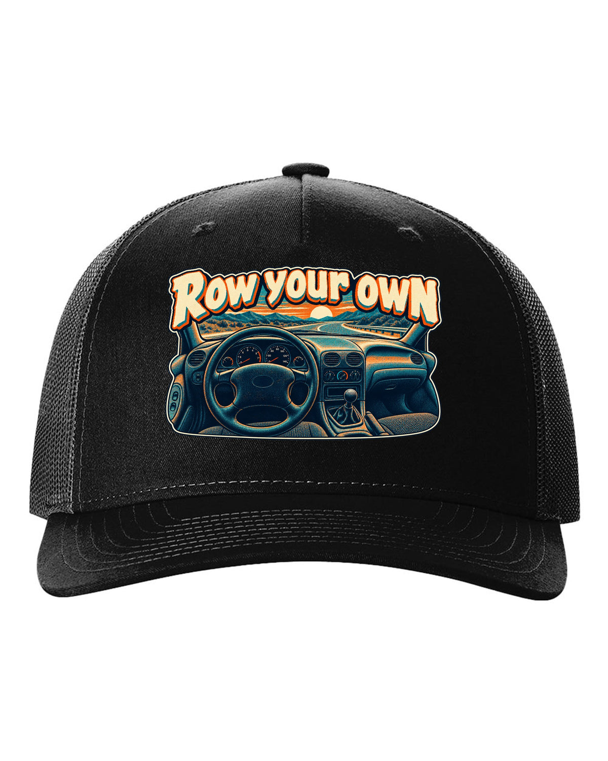 Risograph halftone Ford Mustang SN95 with the words Row your own black hat front view with the design