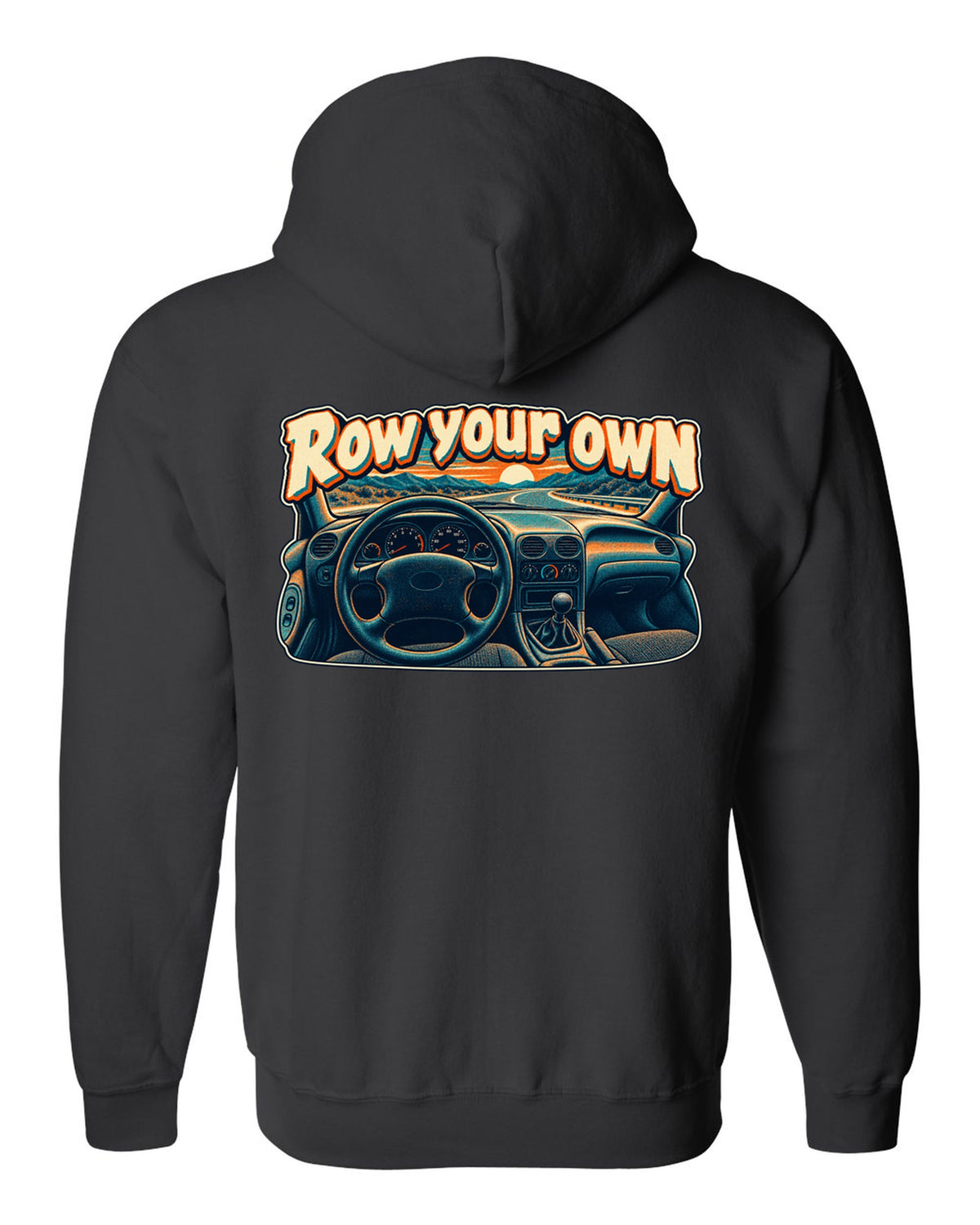 Risograph halftone Ford Mustang SN95 with the words Row your own black zip hoodie back view with the design