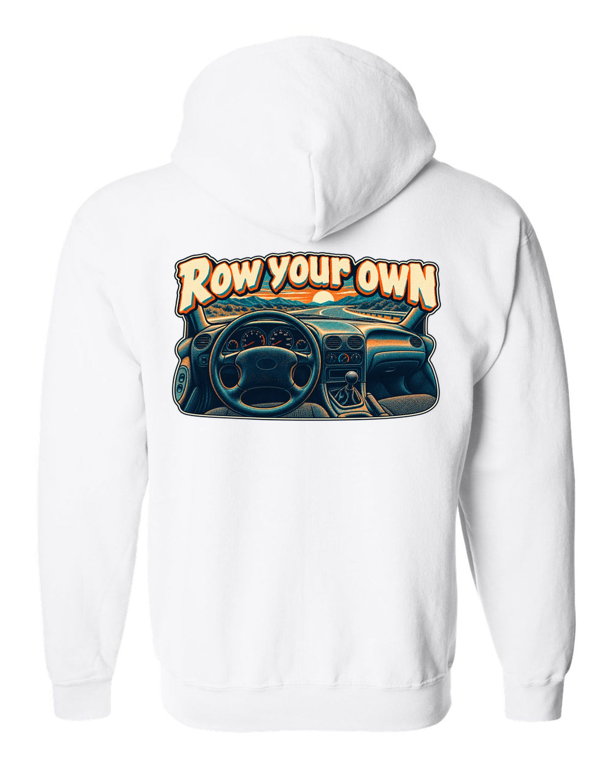 Risograph halftone Ford Mustang SN95 with the words Row your own white zip hoodie back view with the design