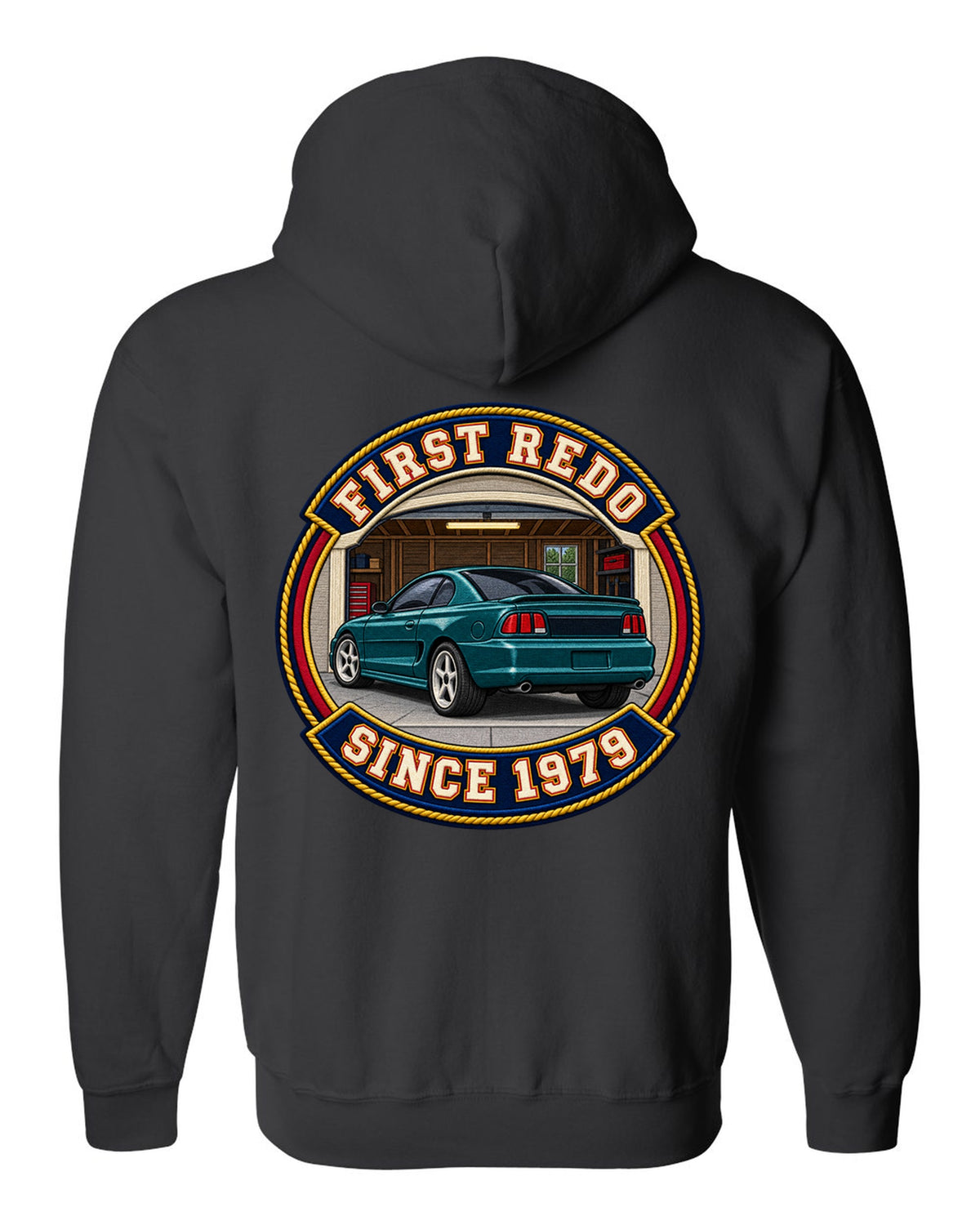 Embroidery-style varsity crest print for a 1994-98 Ford Mustang SN95 black zip hoodie back view with the design