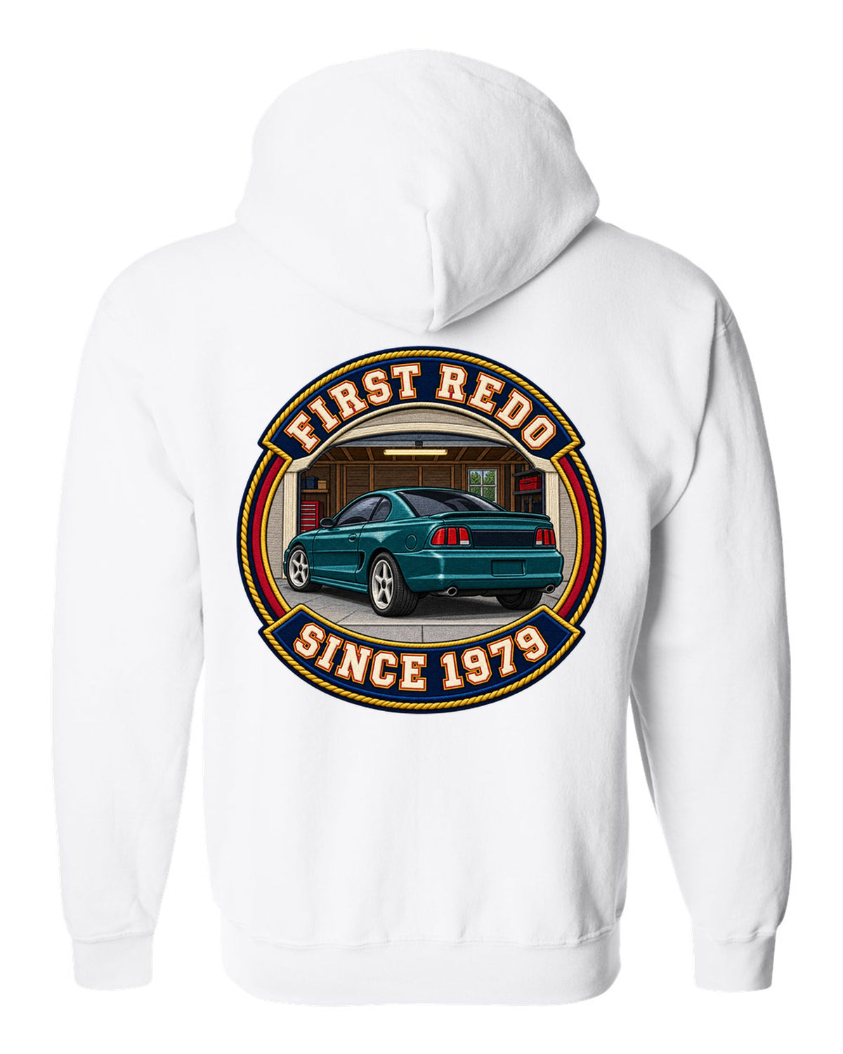 Embroidery-style varsity crest print for a 1994-98 Ford Mustang SN95 white zip hoodie back view with the design