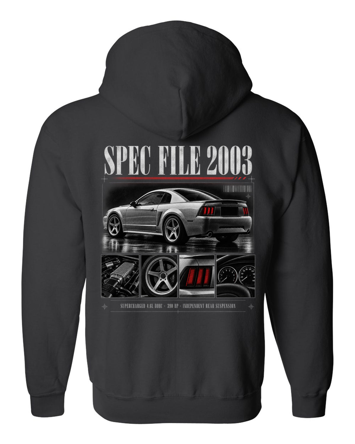 Dossier panel profile of a 2003 Ford Mustang SVT Cobra New Edge with spec file lettering black zip hoodie back view with the design