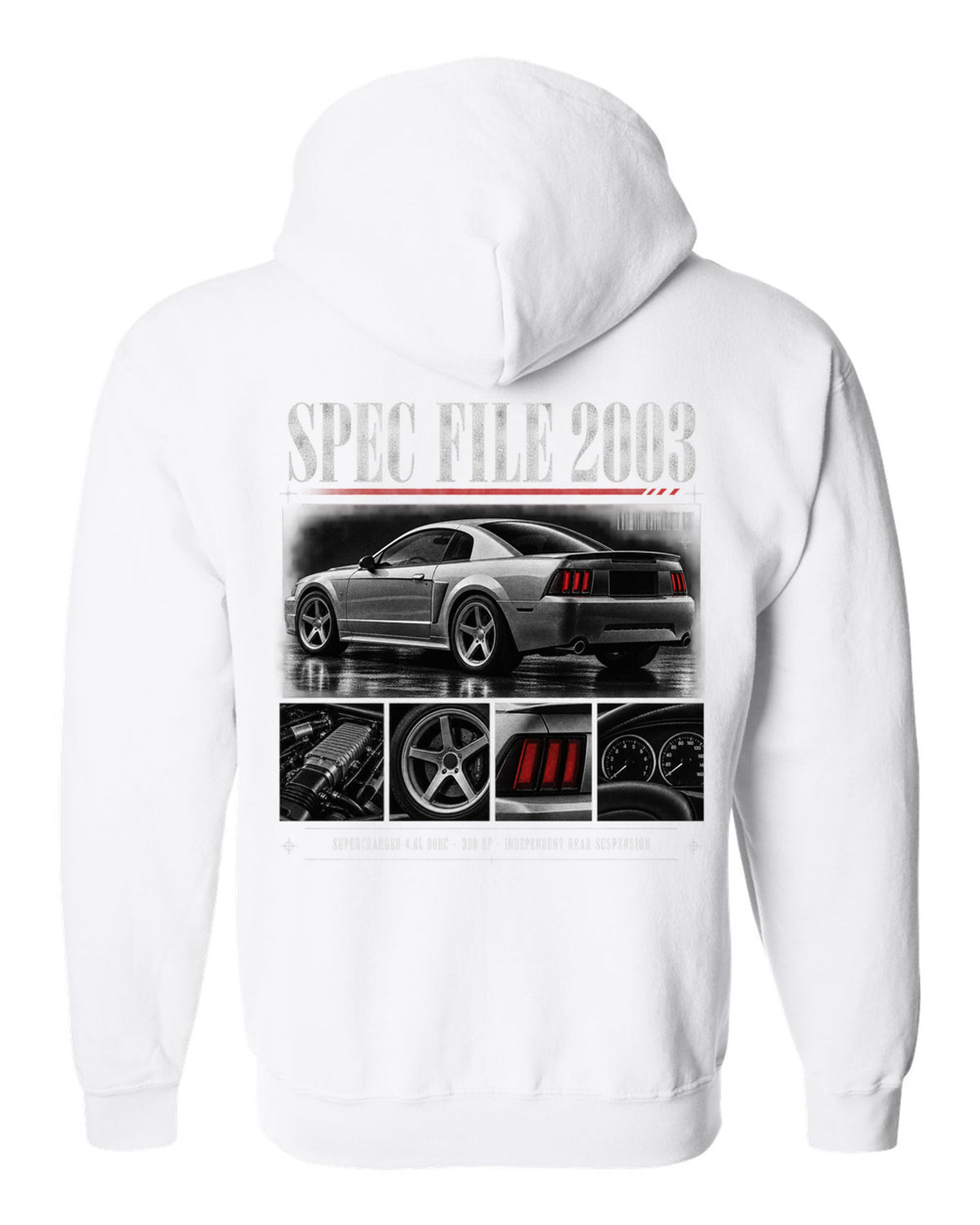 Dossier panel profile of a 2003 Ford Mustang SVT Cobra New Edge with spec file lettering white zip hoodie back view with the design