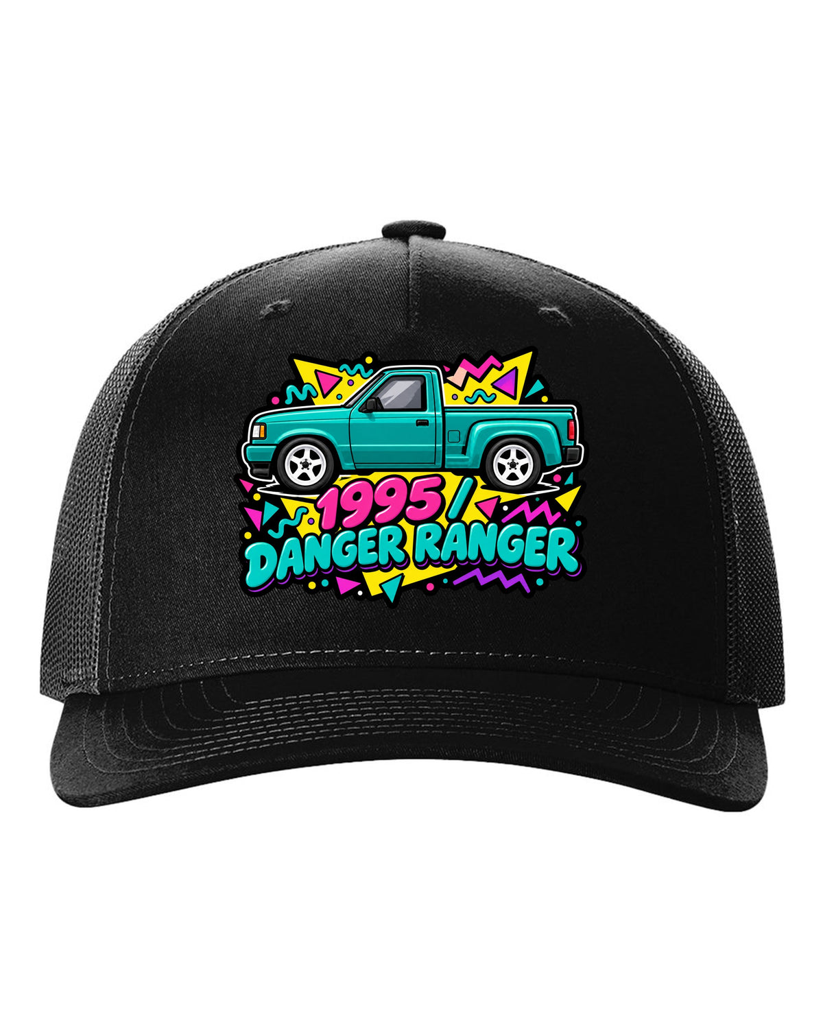 Ford Ranger 1995 stepside in a 90s Memphis sticker pack print black hat front view with the design