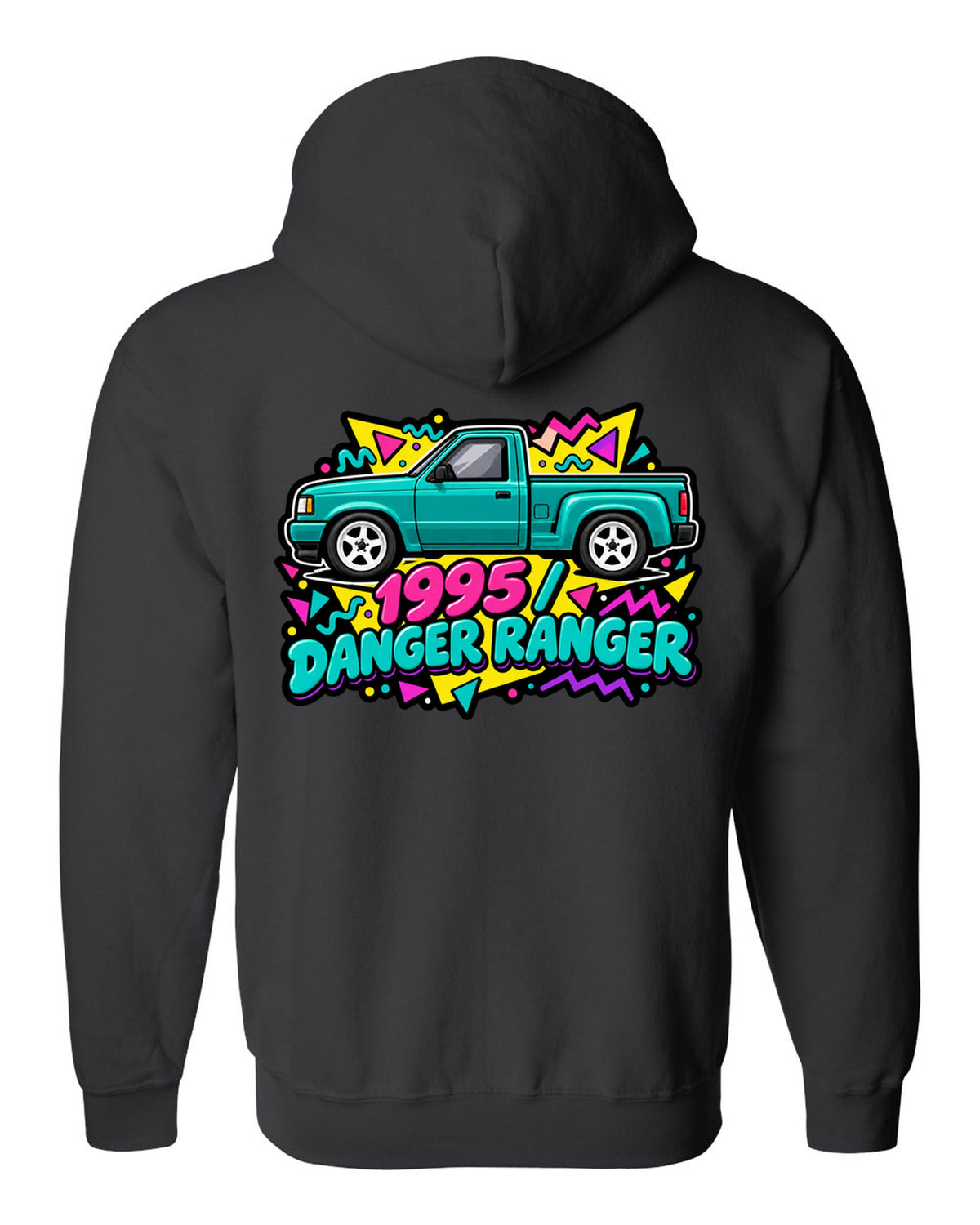 Ford Ranger 1995 stepside in a 90s Memphis sticker pack print black zip hoodie back view with the design