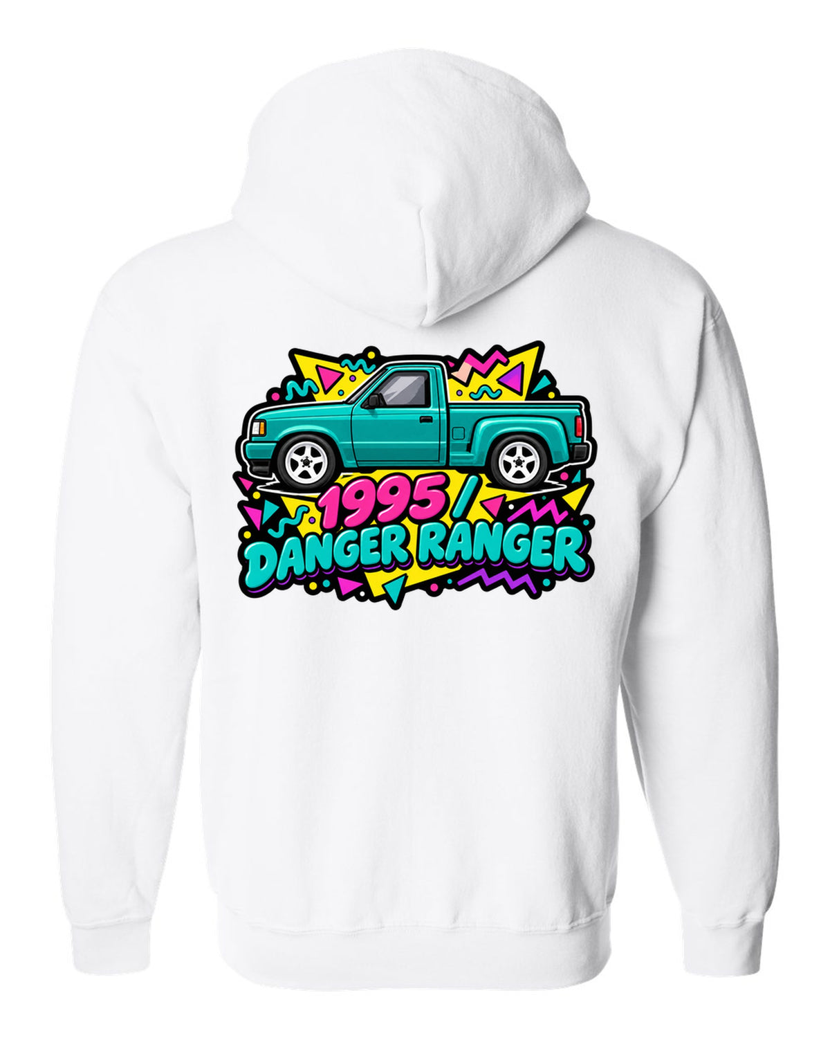 Ford Ranger 1995 stepside in a 90s Memphis sticker pack print white zip hoodie back view with the design