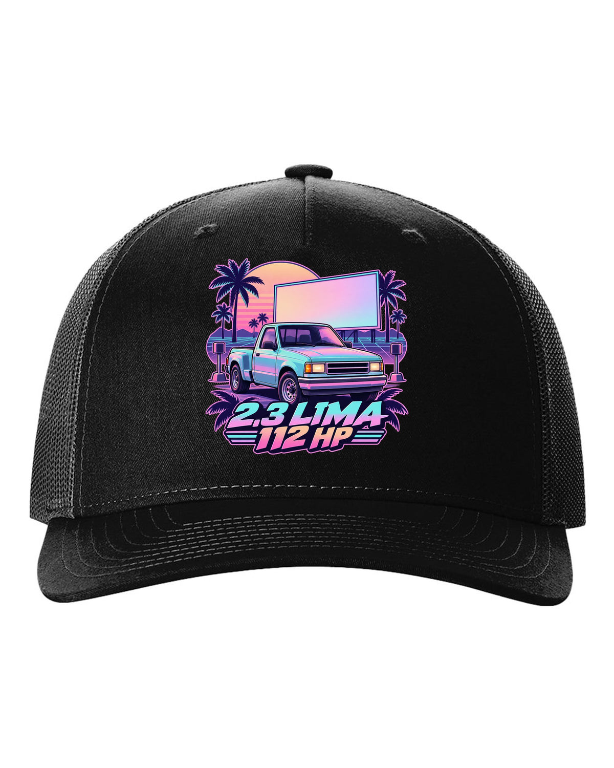 Ford Ranger 1995 stepside at a drive-in in a vaporwave pastel print black hat front view with the design