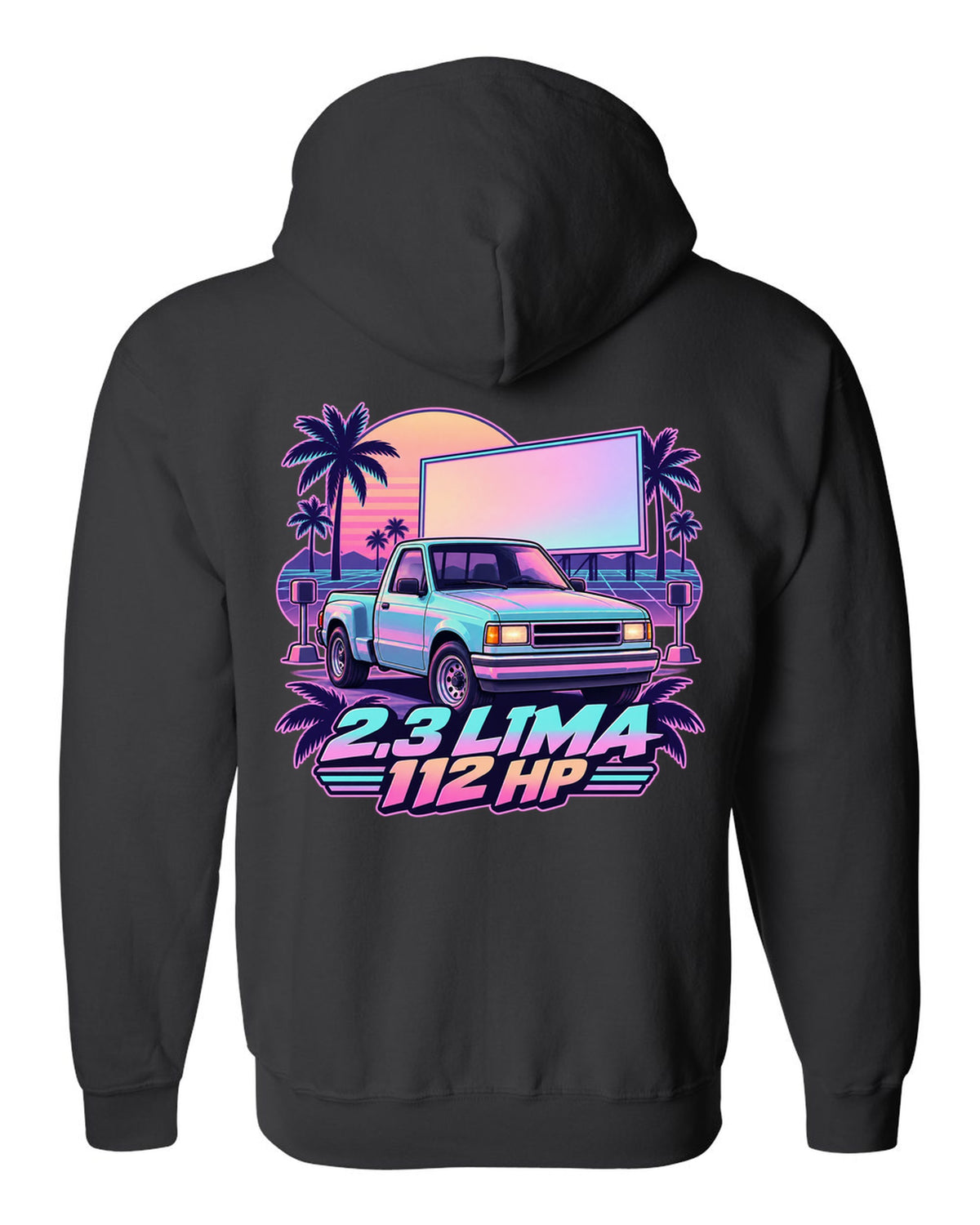 Ford Ranger 1995 stepside at a drive-in in a vaporwave pastel print black zip hoodie back view with the design