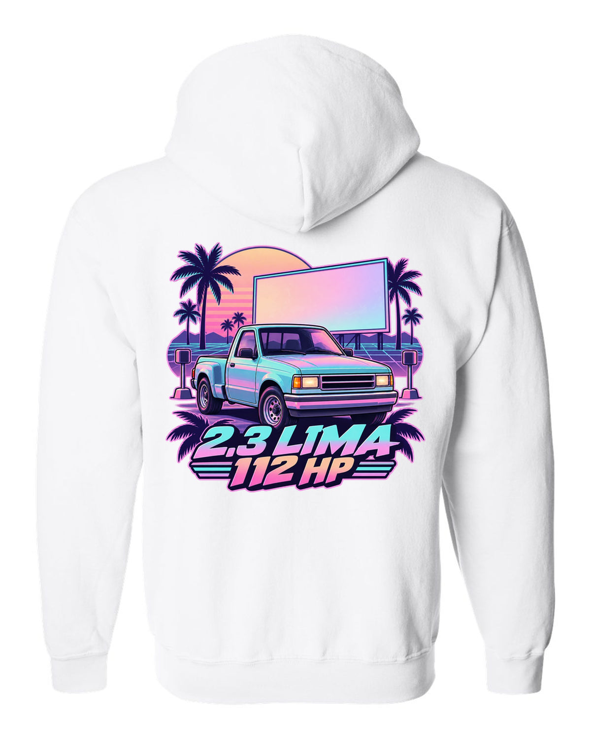Ford Ranger 1995 stepside at a drive-in in a vaporwave pastel print white zip hoodie back view with the design