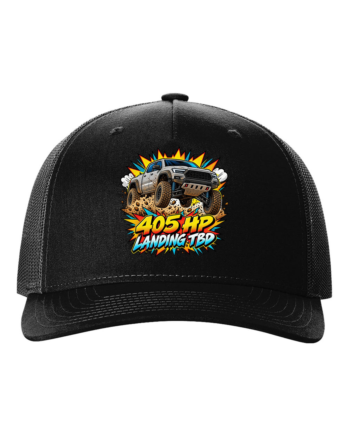Ford Ranger Raptor P703 mid-jump in a comic pop-art burst print black hat front view with the design