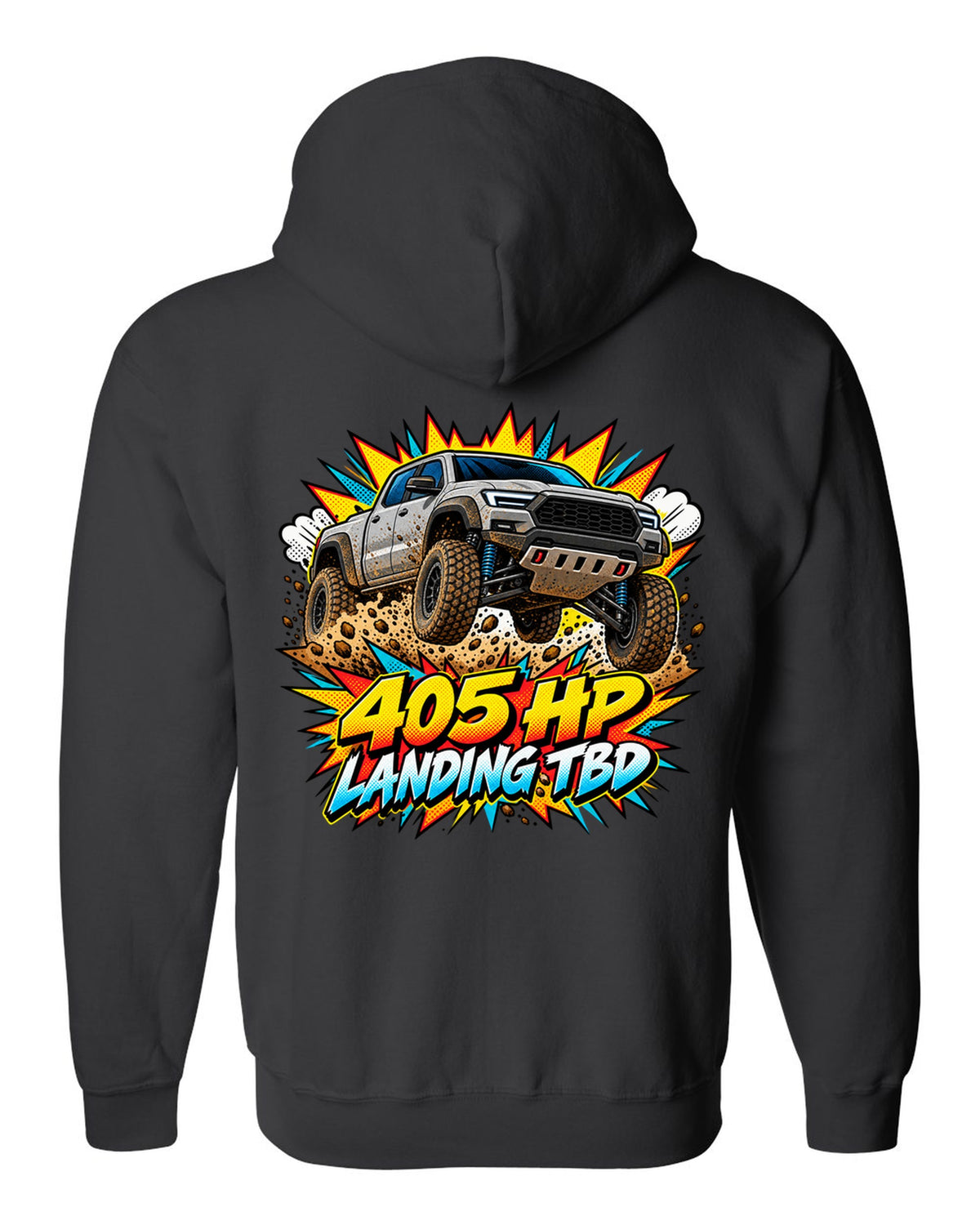 Ford Ranger Raptor P703 mid-jump in a comic pop-art burst print black zip hoodie back view with the design