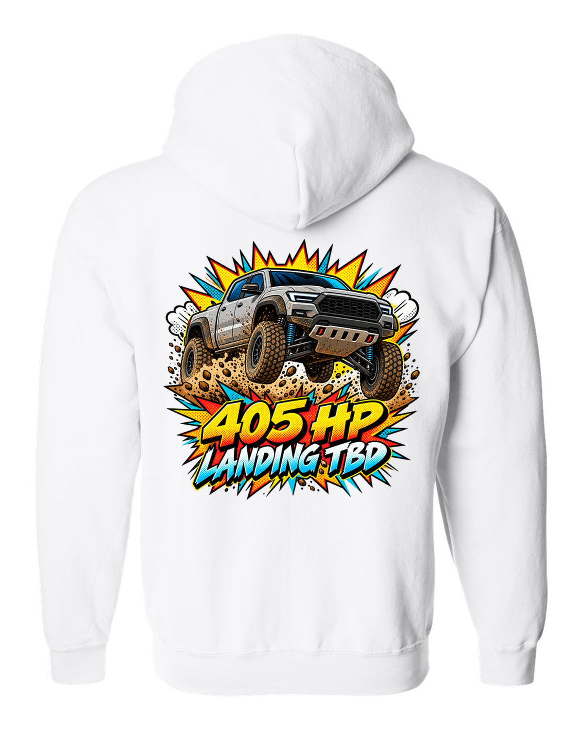 Ford Ranger Raptor P703 mid-jump in a comic pop-art burst print white zip hoodie back view with the design