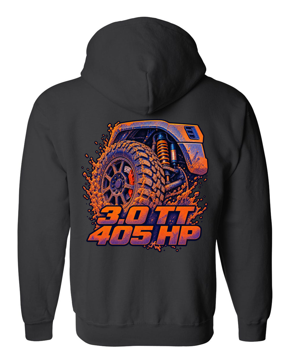 Ford Ranger Raptor P703 wheel and brake in a risograph style print black zip hoodie back view with the design