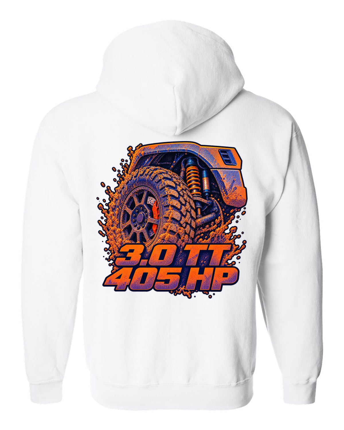 Ford Ranger Raptor P703 wheel and brake in a risograph style print white zip hoodie back view with the design