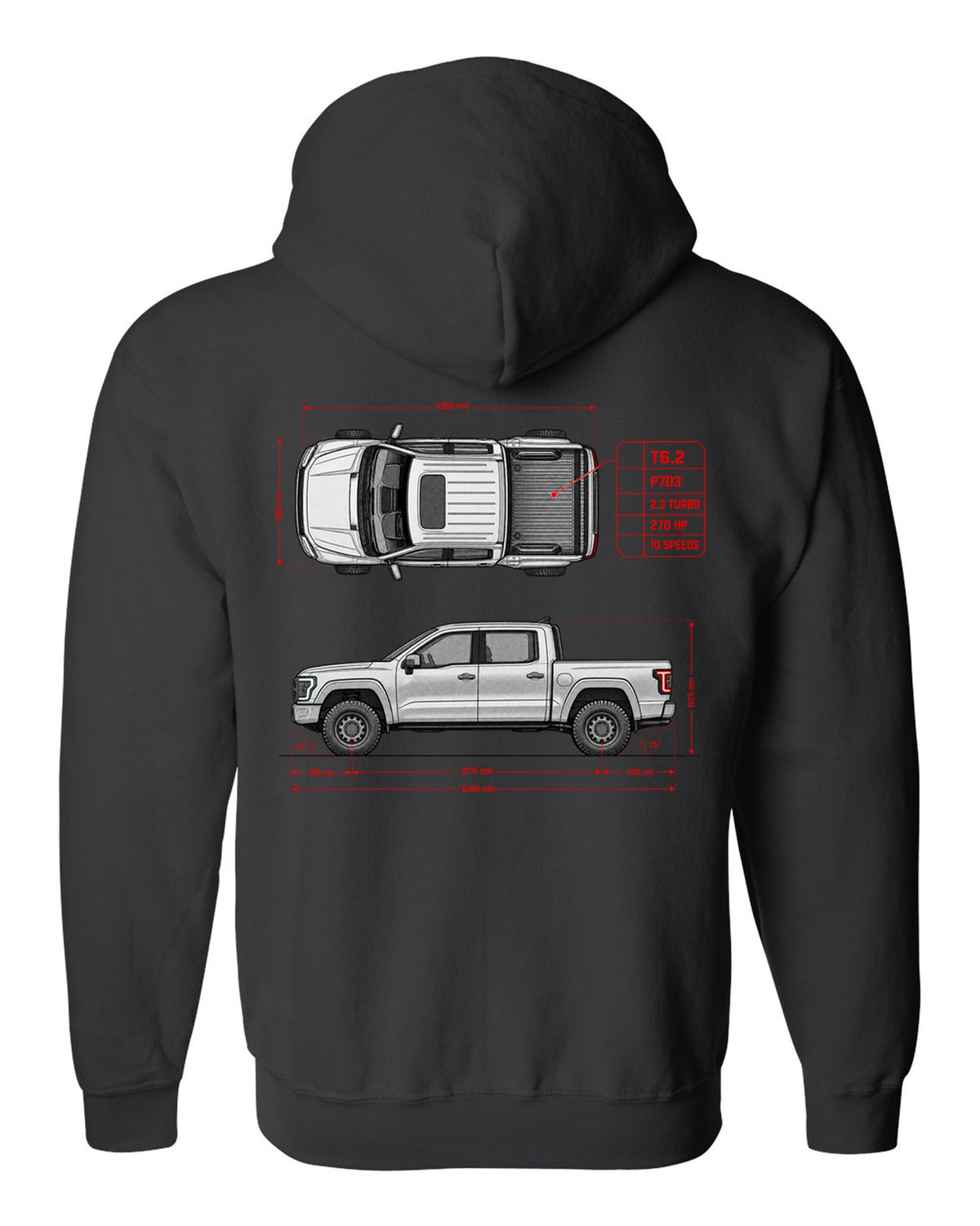 Ford Ranger T6.2 P703 spec poster print with 2.3 turbo, 270 HP and 10 speeds black zip hoodie back view with the design