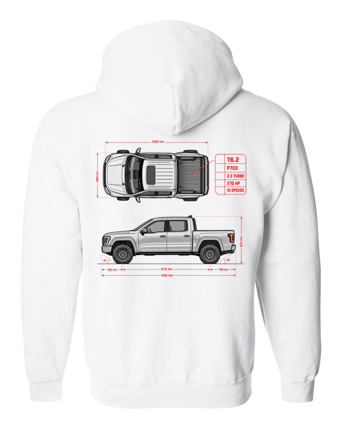 Ford Ranger T6.2 P703 spec poster print with 2.3 turbo, 270 HP and 10 speeds white zip hoodie back view with the design
