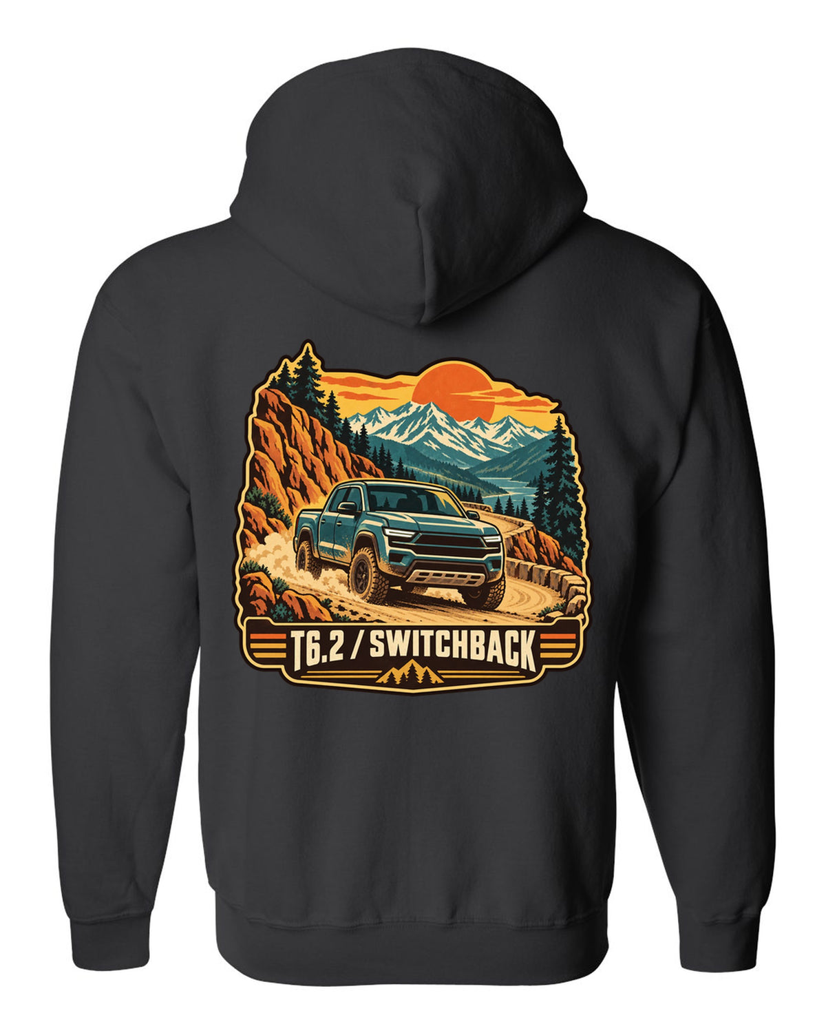 Vintage travel poster print of a 2022-present Ford Ranger T6.2 P703 on a switchback road black zip hoodie back view with the design