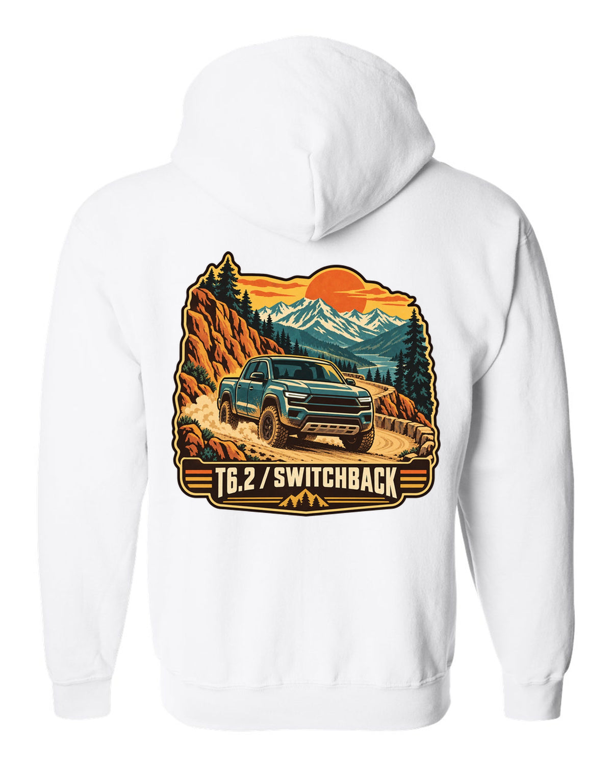 Vintage travel poster print of a 2022-present Ford Ranger T6.2 P703 on a switchback road white zip hoodie back view with the design