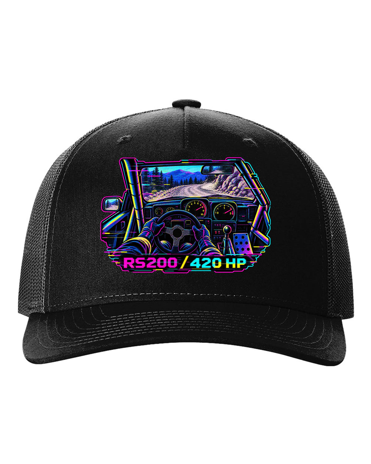 VHS glitch style Ford RS200 cockpit print with 420 hp lettering black hat front view with the design