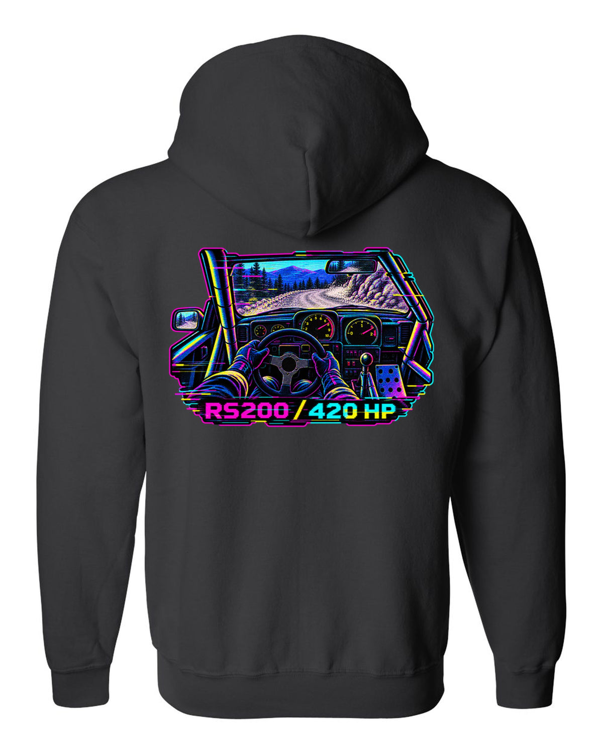 VHS glitch style Ford RS200 cockpit print with 420 hp lettering black zip hoodie back view with the design