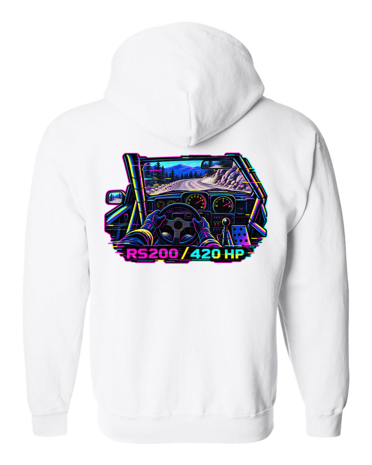 VHS glitch style Ford RS200 cockpit print with 420 hp lettering white zip hoodie back view with the design