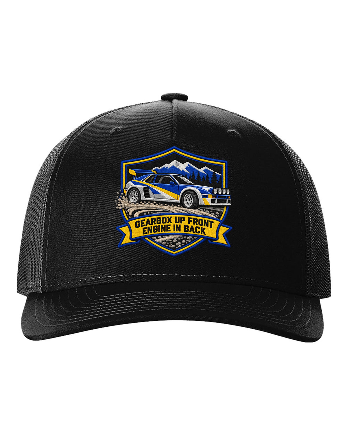 Varsity crest print of the Ford RS200 with gearbox up front, engine in back text black hat front view with the design