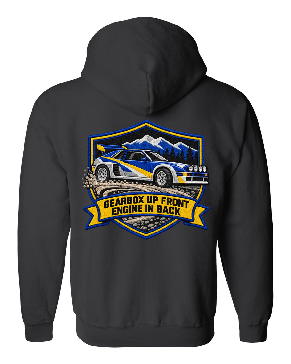Varsity crest print of the Ford RS200 with gearbox up front, engine in back text black zip hoodie back view with the design