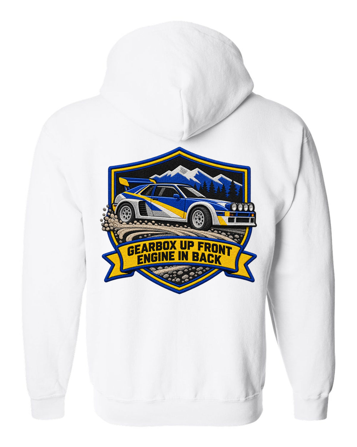 Varsity crest print of the Ford RS200 with gearbox up front, engine in back text white zip hoodie back view with the design