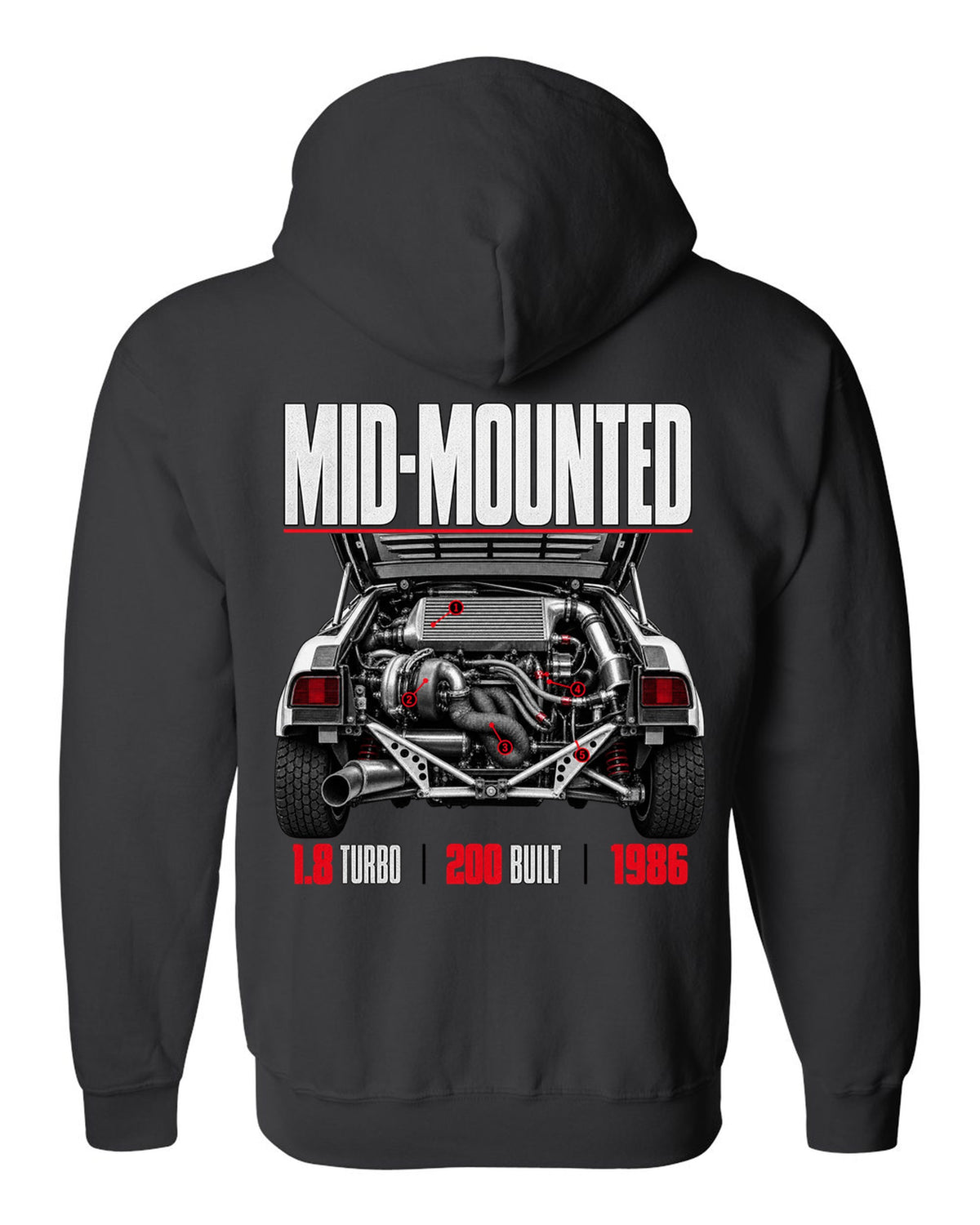 Ford RS200 Group B engine close-up print with mid-mounted turbo text black zip hoodie back view with the design