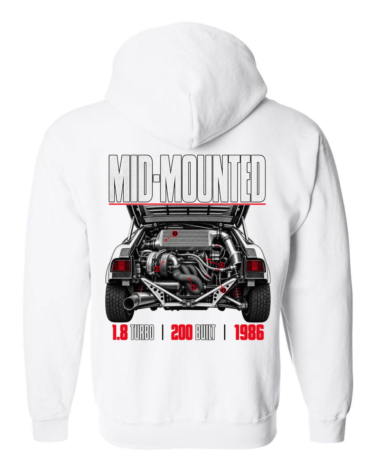 Ford RS200 Group B engine close-up print with mid-mounted turbo text white zip hoodie back view with the design