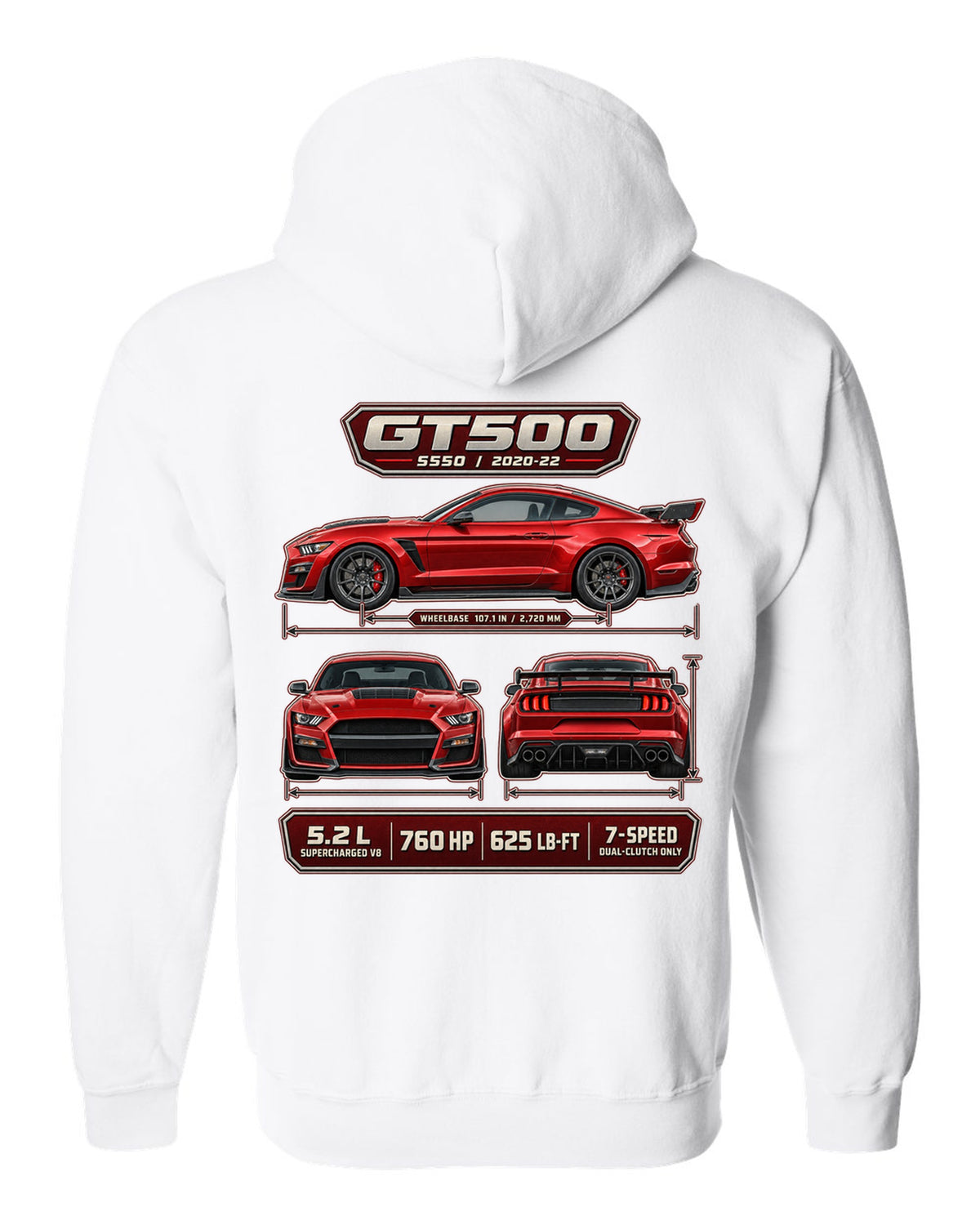 Ford Mustang S550 Shelby GT500 three-view drawing with spec table print white zip hoodie back view with the design