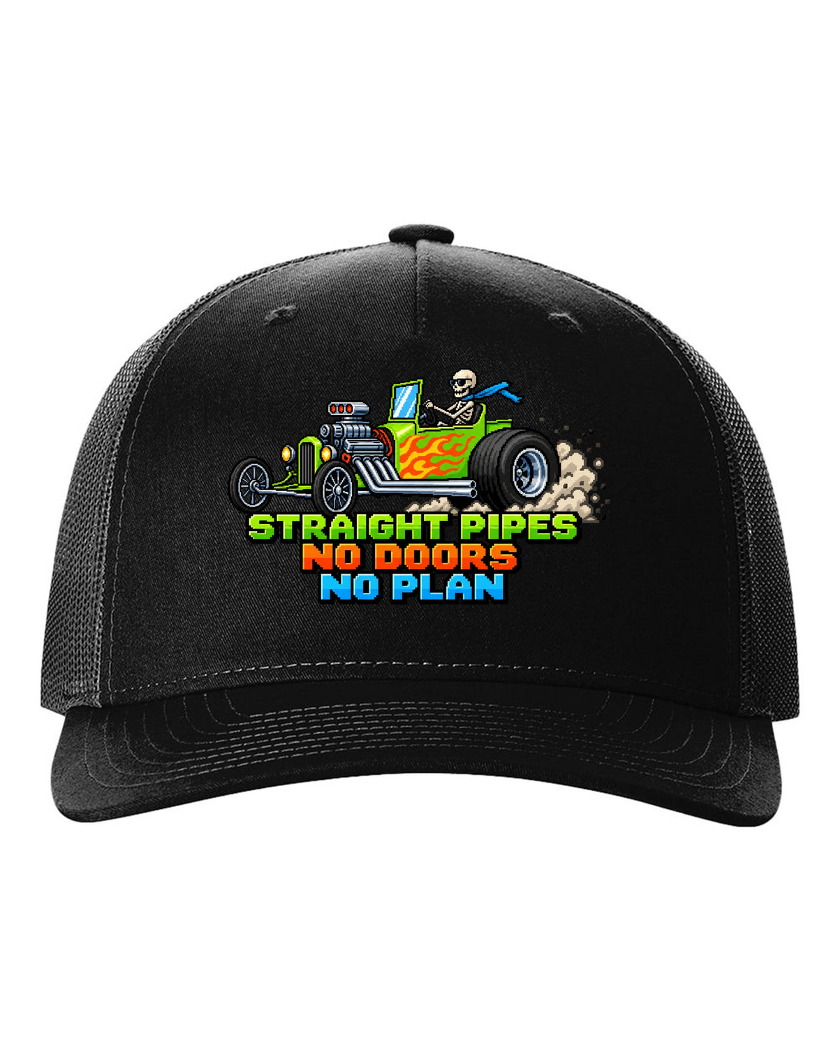 8/16-bit pixel art print of a Ford T-bucket hot rod with Straight Pipes No Doors lettering black hat front view with the design