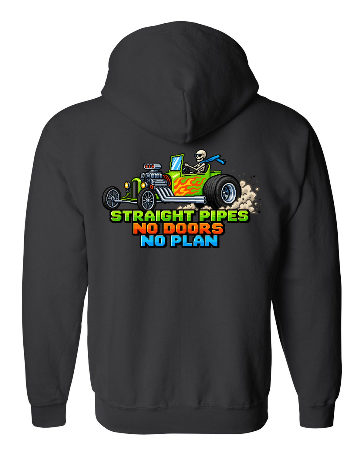 8/16-bit pixel art print of a Ford T-bucket hot rod with Straight Pipes No Doors lettering black zip hoodie back view with the design
