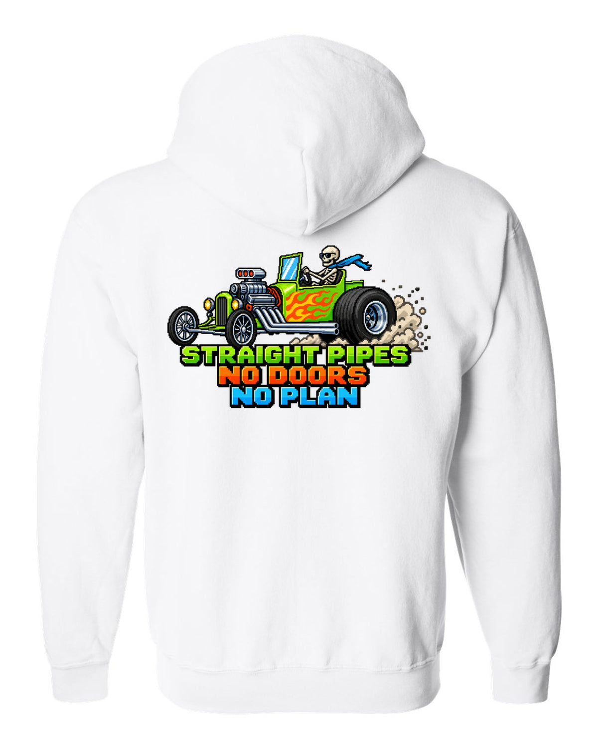 8/16-bit pixel art print of a Ford T-bucket hot rod with Straight Pipes No Doors lettering white zip hoodie back view with the design