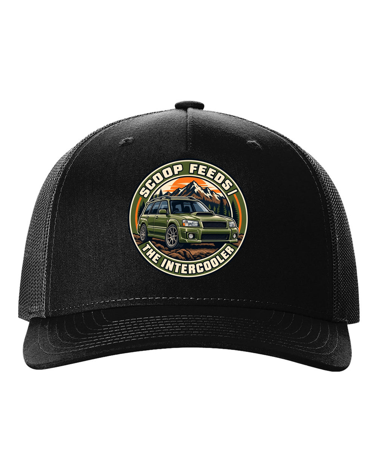 Round embroidered-style crest for a Subaru Forester SG9 about the hood scoop feeding the intercooler black hat front view with the design