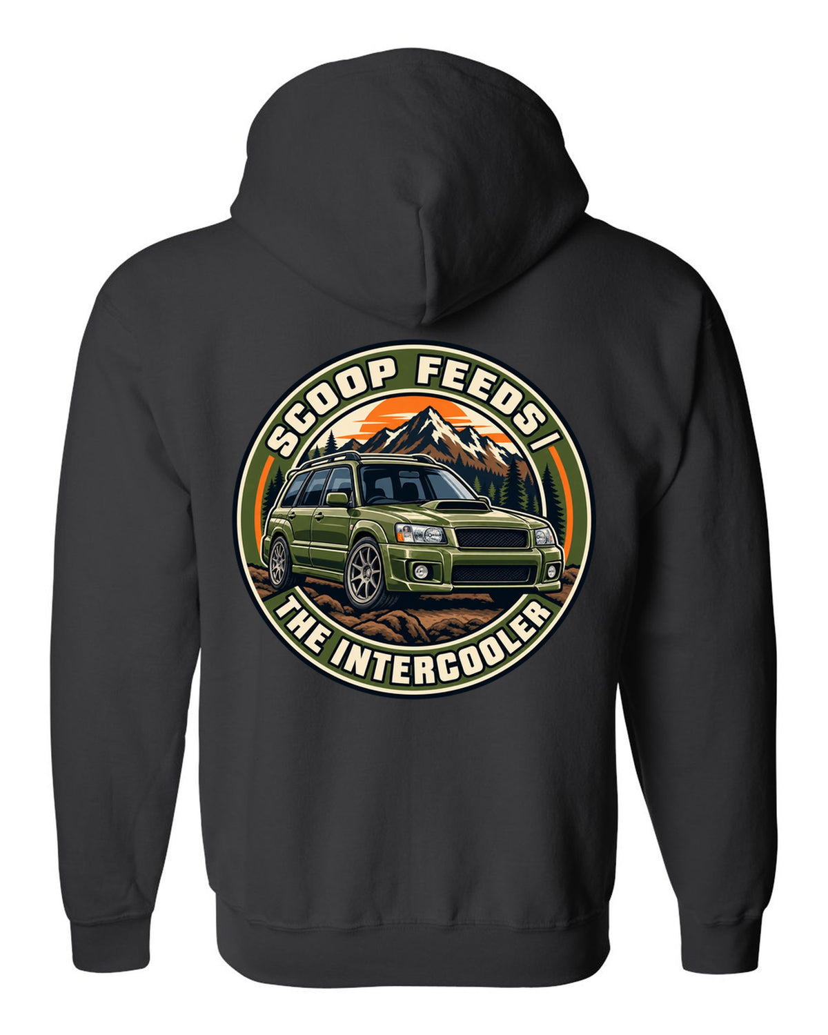 Round embroidered-style crest for a Subaru Forester SG9 about the hood scoop feeding the intercooler black zip hoodie back view with the design