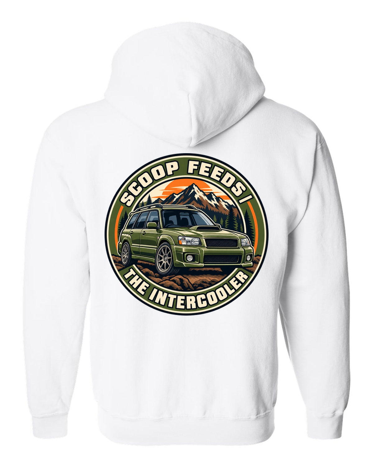 Round embroidered-style crest for a Subaru Forester SG9 about the hood scoop feeding the intercooler white zip hoodie back view with the design