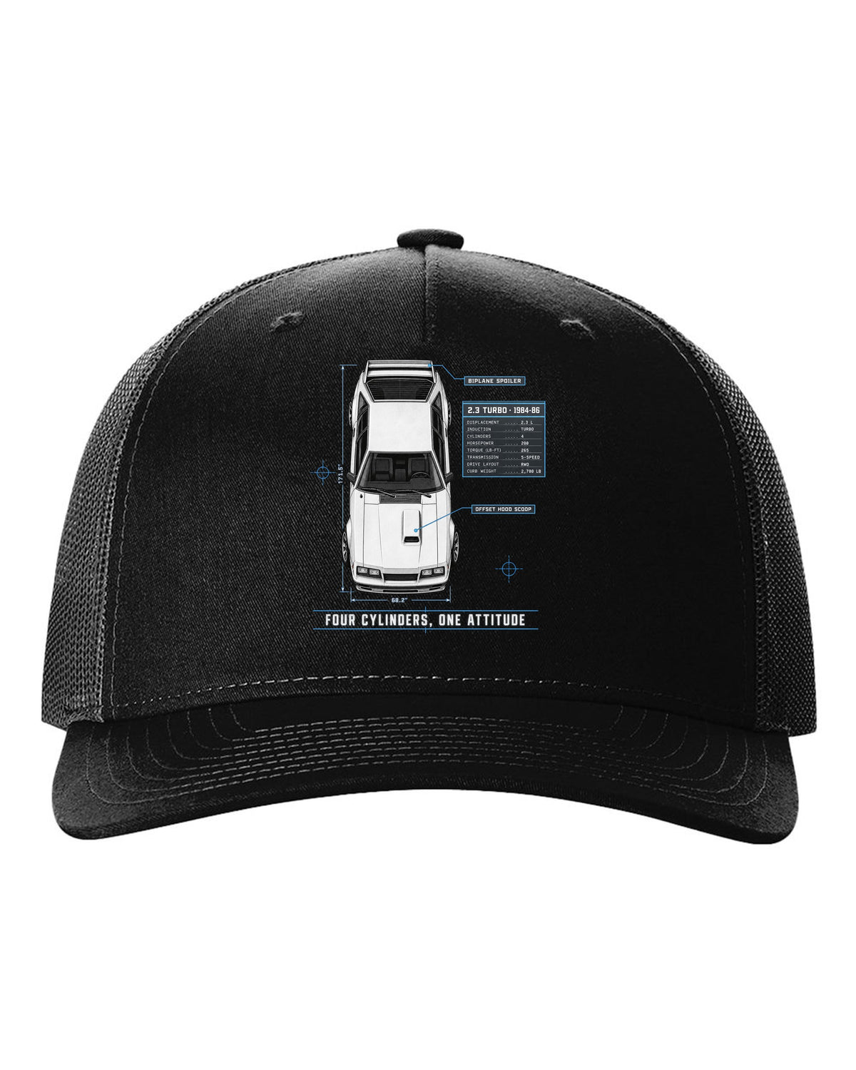 Spec poster print of a 1984-86 Fox Body Mustang 2.3 turbo chback black hat front view with the design