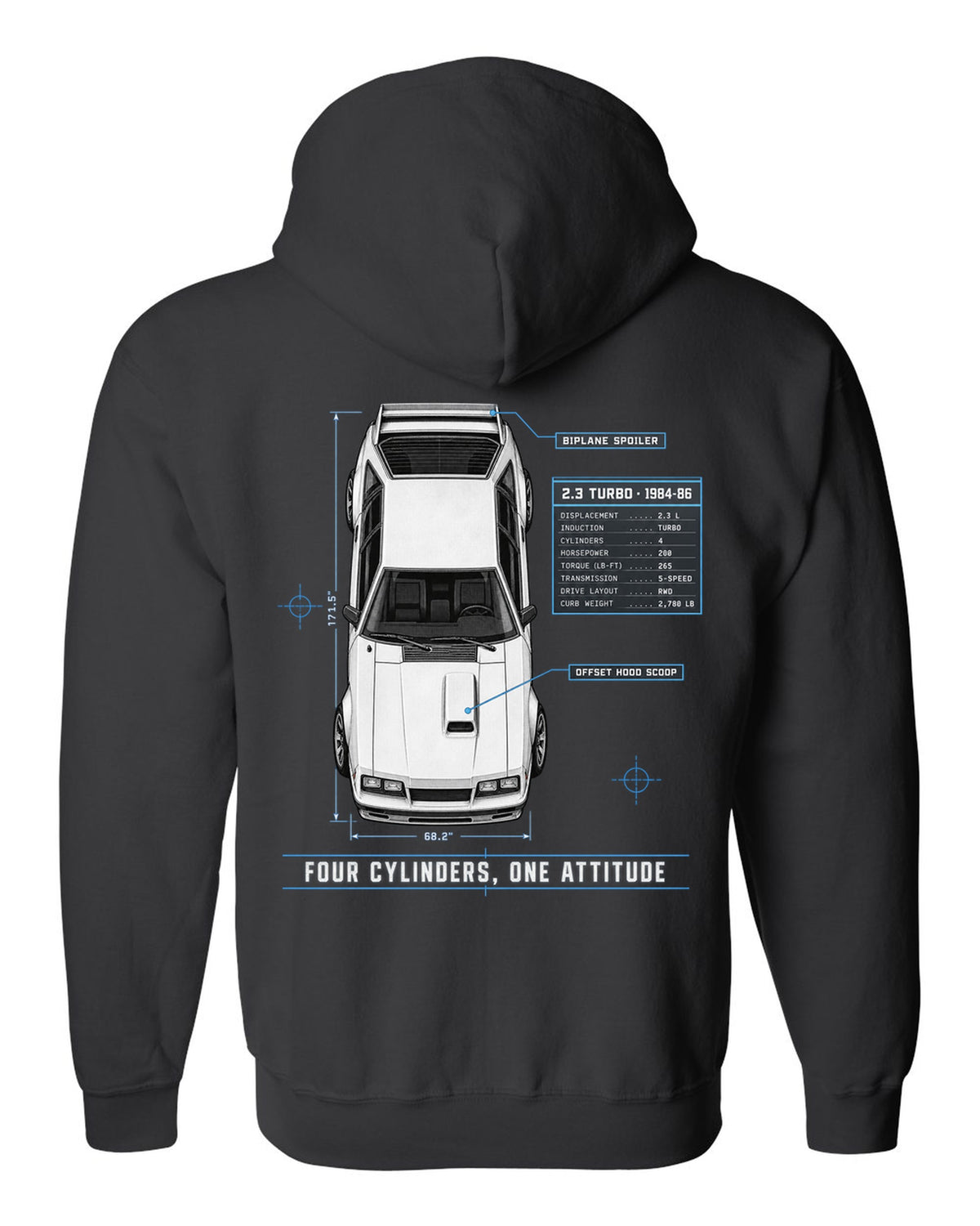 Spec poster print of a 1984-86 Fox Body Mustang 2.3 turbo chback black zip hoodie back view with the design